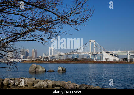 Vue de pont en arc-en-ciel sur la baie de Tokyo, Japon. Arc-en-ciel est un pont suspendu de 798 mètres allant de Shibaura Pier et le front d'Odaiba. Banque D'Images