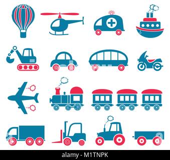 Vecteur mignon bleu et rouge collection icônes de transport Illustration de Vecteur