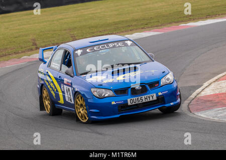 Subaru Impreza avec conducteur John Griffiths et co-pilote à la Nigel Wetton Motorsport News Rally Championship, Circuit de Snetterton, Norfolk, Royaume-Uni. Banque D'Images