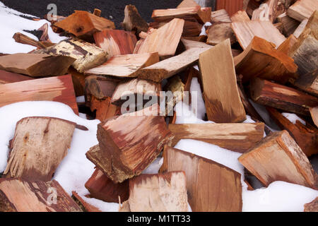 Tas de journaux humides en hiver la neige, le sud du Chili. Palets mojada en la nieve, Madera para chimenea. Banque D'Images