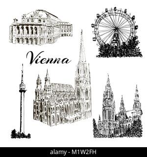 Ensemble de symboles Vienne Vector hand drawn illustration croquis stylo encre. Donauturm, Stephansdom, Rathaus, Prater Illustration de Vecteur