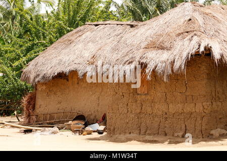 Maisons traditionnelles de boue avec un toit fabriqué à partir de roseaux au Bénin Banque D'Images