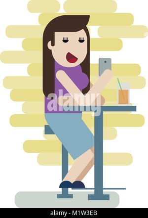 Fille assise au bar avec téléphone et boire une bière Illustration de Vecteur