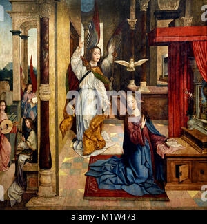 L'Annonciation 1523 Frei Carlos 1517-1540 16th-Century Portugal, Portugais, Annonciation, béni, Vierge Marie, l'annonce par l'ange Gabriel, Marie qu'elle concevrait, porter un fils par une naissance vierge, devenir la, mère de Jésus Christ, Messie chrétien et fils de Dieu, Incarnation, Banque D'Images