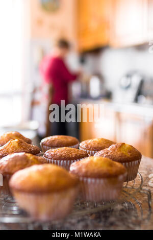 Lot de petits gâteaux faits maison ou des muffins fraîchement cuits sur une grille de refroidissement dans la cuisine dans une vue en gros plan avec focus sélectif. Flou flou artistique ba Banque D'Images