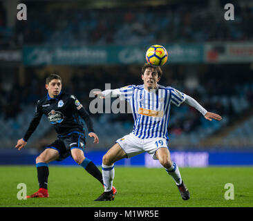 San Sebastian, Espagne. 09Th Feb 2018. (19) Alvaro Odriozola Arzallus au cours de l'espagnol La Liga match de foot entre Real Sociedad Deportivo de La Coruna et, au stade Anoeta, à San Sebastian, le nord de l'Espagne, Vendredi, Février. 2, 2018. Más Información Gtres Crédit : Comuniación sur ligne, S.L./Alamy Live News Banque D'Images