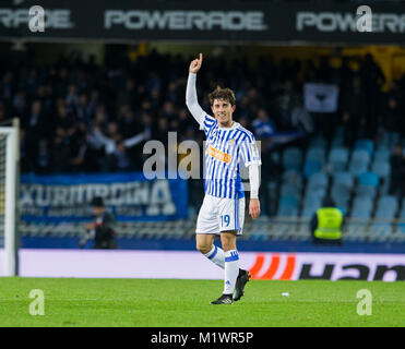 San Sebastian, Espagne. 09Th Feb 2018. (19) Alvaro Odriozola Arzallus célébrer gagner après l'espagnol La Liga match de foot entre Real Sociedad Deportivo de La Coruna et, au stade Anoeta, à San Sebastian, le nord de l'Espagne, Vendredi, Février. 2, 2018. Más Información Gtres Crédit : Comuniación sur ligne, S.L./Alamy Live News Banque D'Images