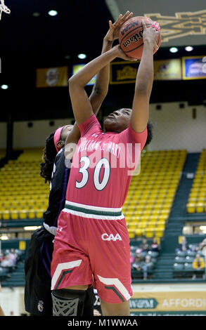 Williamsburg, VA, États-Unis d'Amérique. 2e Février, 2018. 20180202 - JMU center KAYLA COOPER-WILLIAMS (31), retour, bloque un tir de William et Mary l'avant VICTORIA REYNOLDS (30) dans le premier semestre à Kaplan Arena à Williamsburg, en Virginie Crédit : Chuck Myers/ZUMA/Alamy Fil Live News Banque D'Images