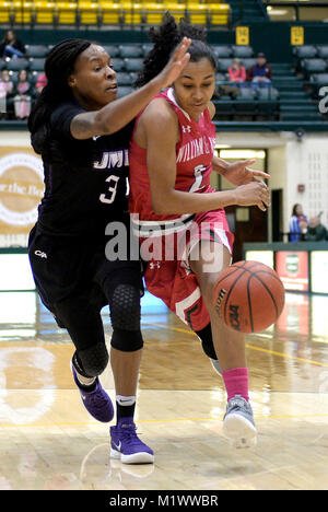 Williamsburg, VA, États-Unis d'Amérique. 2e Février, 2018. 20180202 - William et Mary guard BIANCA BOGGS (2) perd son dribble en vertu de la défense de la garde serré JMU KAMIAH LADY (3) dans la première moitié à Kaplan Arena à Williamsburg, en Virginie Crédit : Chuck Myers/ZUMA/Alamy Fil Live News Banque D'Images