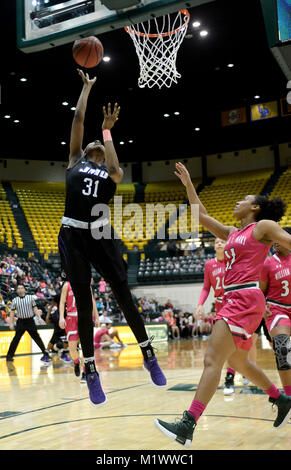 Williamsburg, VA, États-Unis d'Amérique. 2e Février, 2018. 20180202 - JMU center KAYLA COOPER-WILLIAMS (31) marque contre William et Mary guard NYLA POLLARD (11) dans la seconde moitié à Kaplan Arena à Williamsburg, en Virginie Crédit : Chuck Myers/ZUMA/Alamy Fil Live News Banque D'Images