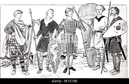 L'habillement, la mode de la Norman et Anglo-Saxons du 11e-14e siècles, les guerriers, à partir de la gauche, Norman warrior avec une hache et écailles légèrement armé, Norman dans un court manteau avec ceinture, un archer, un anglo-saxon Norman avec un grand bouclier en bois et d'un anglo-saxon légèrement armés avec moustache et un pantalon long, numérique l'amélioration de la reproduction de l'original d'imprimer à partir de la 19e siècle Banque D'Images