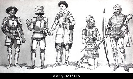 L'habillement, la mode, les costumes des chevaliers à la fin du Moyen-Âge, à partir de la gauche, avec la plaque d'armure bourguignonne armor sur chaîne mail et beret autour de 1450, une armure bourguignonne autour de 1425, une armure Anglais au 15ème siècle, une armure avec un courrier de la chaîne La chaîne, le capot et au-dessus des rails, au 14e siècle, un Français, monté et archer, amélioration numérique d'impression reproduction d'un original du 19ème siècle Banque D'Images