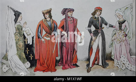 L'habillement, la mode en France, la mode bourguignonne à partir de 1425-1490, des costumes à la cour, à partir de la gauche, la Reine Charlotte de Savoie avec Hennin, jeune courtier, le duc Philippe le Bon dans le costume du Grand Maître de l'ordre de la Toison d'et de l'Archiduc Maximilien et son épouse Maria de la Bourgogne, l'amélioration numérique d'impression reproduction d'un original du 19ème siècle Banque D'Images