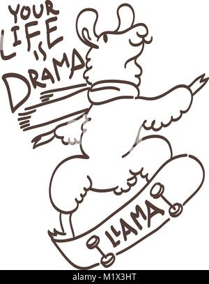 Carte cartoon Cute avec le patineur de llama. Citation motivation et d'inspiration. Le gribouillage illustration. Votre vie est le théâtre, le lama Illustration de Vecteur