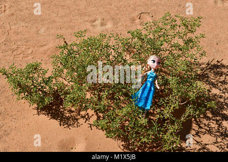 Barbie girls vêtus de rouge et bleu posent pour la modélisation in the desert rocks sur l'emplacement Banque D'Images