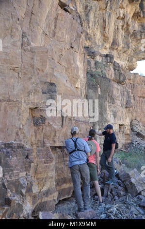 Les géologues et les élèves l'examen d'exposition de l'époque précambrienne et les roches cambriennes exposés en Peach Springs Canyon, Grand Canyon, Arizona, USA Banque D'Images