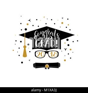 Modèle de la classe de leur diplôme en 2018. L'obtention du diplôme avec cabane et texte. Congrats Grad. Shirt Concept, sceau, le timbre ou cachet, salutations, invitati Illustration de Vecteur