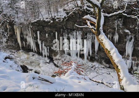 Des glaçons énormes aux chutes de la Clyde près de Lanark, en Ecosse.hiver le plus froid de mémoire d'ici 2010. Banque D'Images