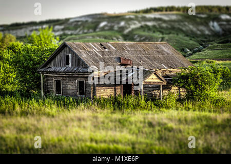 Vieille maison en bois abandonnée, envahie par l'herbe sur un soir d'été ensoleillée. Banque D'Images