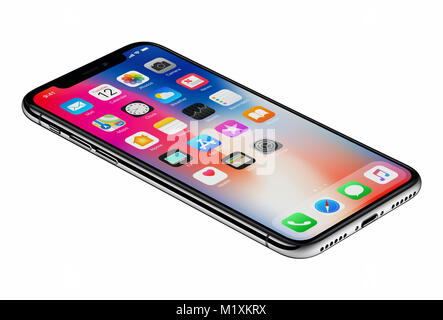 Vue en perspective de nouveaux Apple iPhone X 10 isolé sur fond blanc. Nouvel appareil iOS sur iPhone l'écran d'accueil 11 X X Affichage. Banque D'Images