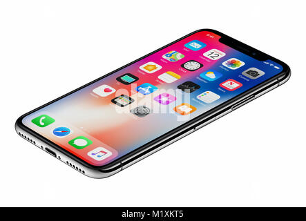 Vue en perspective de nouveaux Apple iPhone X 10 isolé sur fond blanc. Nouvel appareil iOS sur iPhone l'écran d'accueil 11 X X Affichage. Banque D'Images