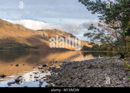 Highlands écossais la beauté comme le soleil du soir se reflète sur le Loch Maree Beinn Eighe National Nature Reserve Banque D'Images