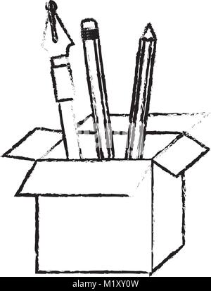 Boîte en carton avec stylo et crayons contour flou en noir Illustration de Vecteur