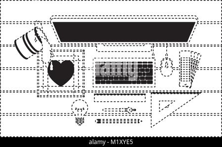 L'ordinateur de bureau et plus de 24 outils de dessin sur le dessus voir en noir contour en pointillé Illustration de Vecteur