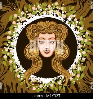 Femme chef dans l'image de feuilles et racines. Symbole du zodiaque de la Vierge sur la terre. Vector illustration. Illustration de Vecteur