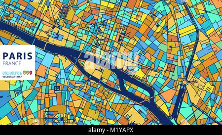 Paris, France, Vecteur coloré Artmap. Blue-Orange-Version jaune pour le site Web Infographie, l'Art de mur et fond de carte de Vœux. Illustration de Vecteur