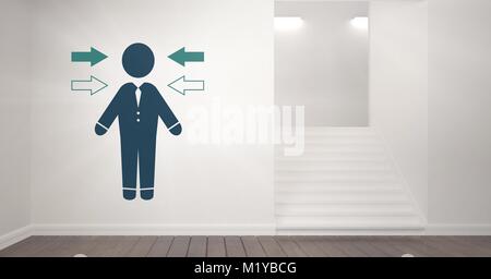 Businessman avec flèches sur le mur par des escaliers Banque D'Images