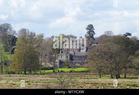 Powderham Castle, manoir fortifié, siège des Comtes de Devon, Courtney Famille. Entouré de bois de printemps. Le sud du Devon, Royaume-Uni. Banque D'Images