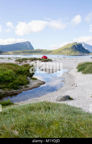Tente rouge sur l'herbe verte près de la plage de sable à Haukland, îles Lofoten, Norvège. Banque D'Images