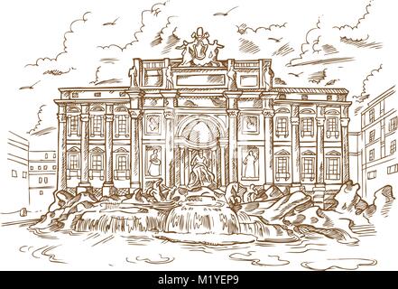 Croquis de la fontaine de Trevi en style retro Illustration de Vecteur