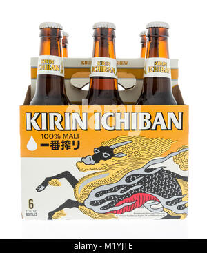 Winneconne, WI - 31 janvier 2018 : un six-pack de Kirin Ichiban bière de malt sur un fond isolé. Banque D'Images