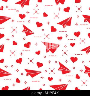 Motif transparent mignon avec avion en papier et les cœurs. Modèle de conception, de tissu, de l'impression. Le jour de la Saint-Valentin. Illustration de Vecteur