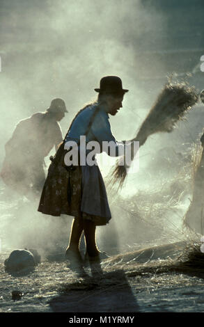 La Bolivie. Près de Uyuni. Des Andes. Indien aymara woman making toit pour maison. Banque D'Images