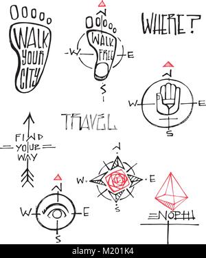 Hand drawn vector illustration d'encre ou d'un dessin de certains symboles de voyage Illustration de Vecteur