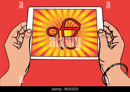 Mains tenant une tablette sur laquelle l'Ek Onkar est le symbole du sikhisme. Dégradé de rouge et d'or, fond rouge. Vector Illustration de Vecteur