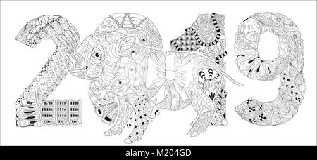 Zentangle illustration avec nombre de porcs et de 2019. Tangle Zen ou doodle porcelet. Livre de coloriage animal domestique. Illustration de Vecteur