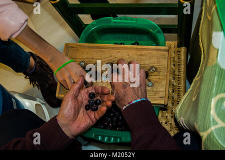 Jeunes et vieux mains d'un grand-père et sa petite-fille la préparation d'olives de la manière traditionnelle de manger. Scène de l'enseignement de Séville, Andalousie, espagne. Banque D'Images