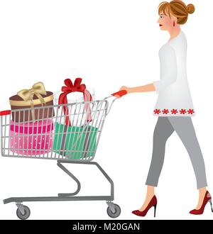 Femme en poussant un chariot plein de cadeaux, vector Illustration de Vecteur