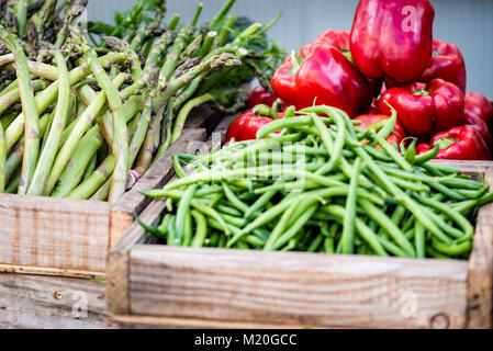 Les légumes frais biologiques dans des caisses en bois affichée à marché, libre. Les haricots verts, les asperges, le poivron rouge à l'échoppe de marché, Sydney, Australie. Banque D'Images