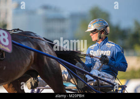 Race Driver faisceau Björn Goop préparer un cheval pour une course. Björn Goop a remporté Prix d'amerique 2018 considérée comme la plus grande course au monde. Banque D'Images