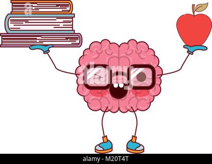 Caricature du cerveau avec des lunettes holding books et apple avec cligne de l'expression en silhouette colorée avec contour marron Illustration de Vecteur