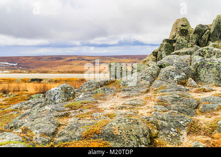 Le Dalton Highway entre le fleuve Yukon et Fairbanks dans la toundra de l'Alaska. La route de gravier est en partie raide et boueuse. À côté de la route sont rock pour Banque D'Images