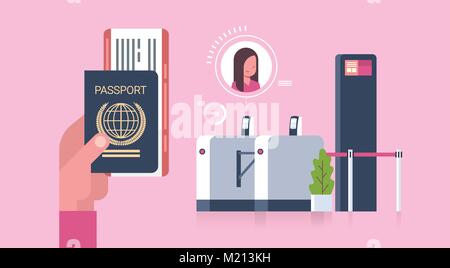 Tenir la main d'affaires passeport et billets d'avion au-dessus du scanner à l'aéroport d'arrivée à l'enregistrement pour le départ Femme Concept Illustration de Vecteur