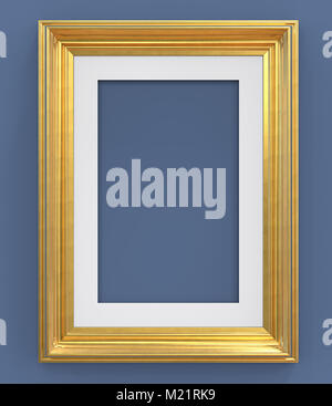 3D render of Vintage Gold Frame avec passe-partout sur fond bleu. Vide pour copier l'espace. Banque D'Images