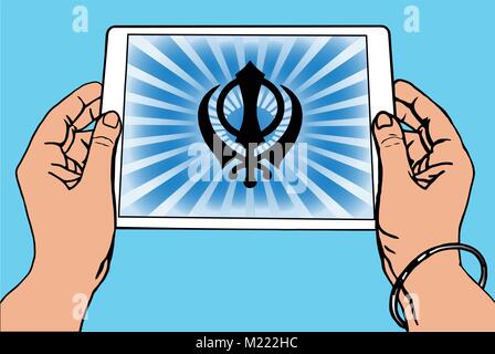 Mains tenant une tablette sur laquelle le Khanda est le symbole du sikhisme. Rayons bleus dégradés, fond bleu, bouton. Vector Illustration de Vecteur