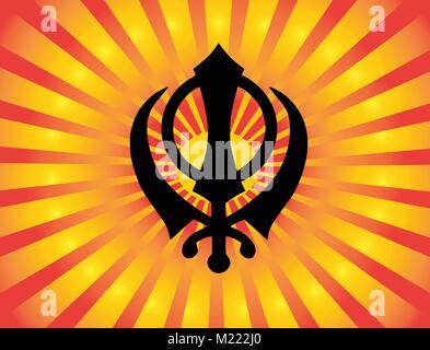 Khanda est le symbole le plus significatif du sikhisme. Dégradé de rouge et d'or, fond transparent, les rayons du soleil rouge, bouton. Vector Illustration de Vecteur